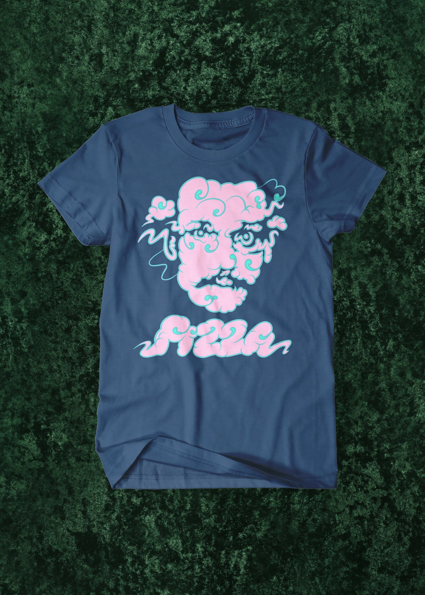 Dusty blue t-shirt with Pizza John made of pink clouds on a green textured background