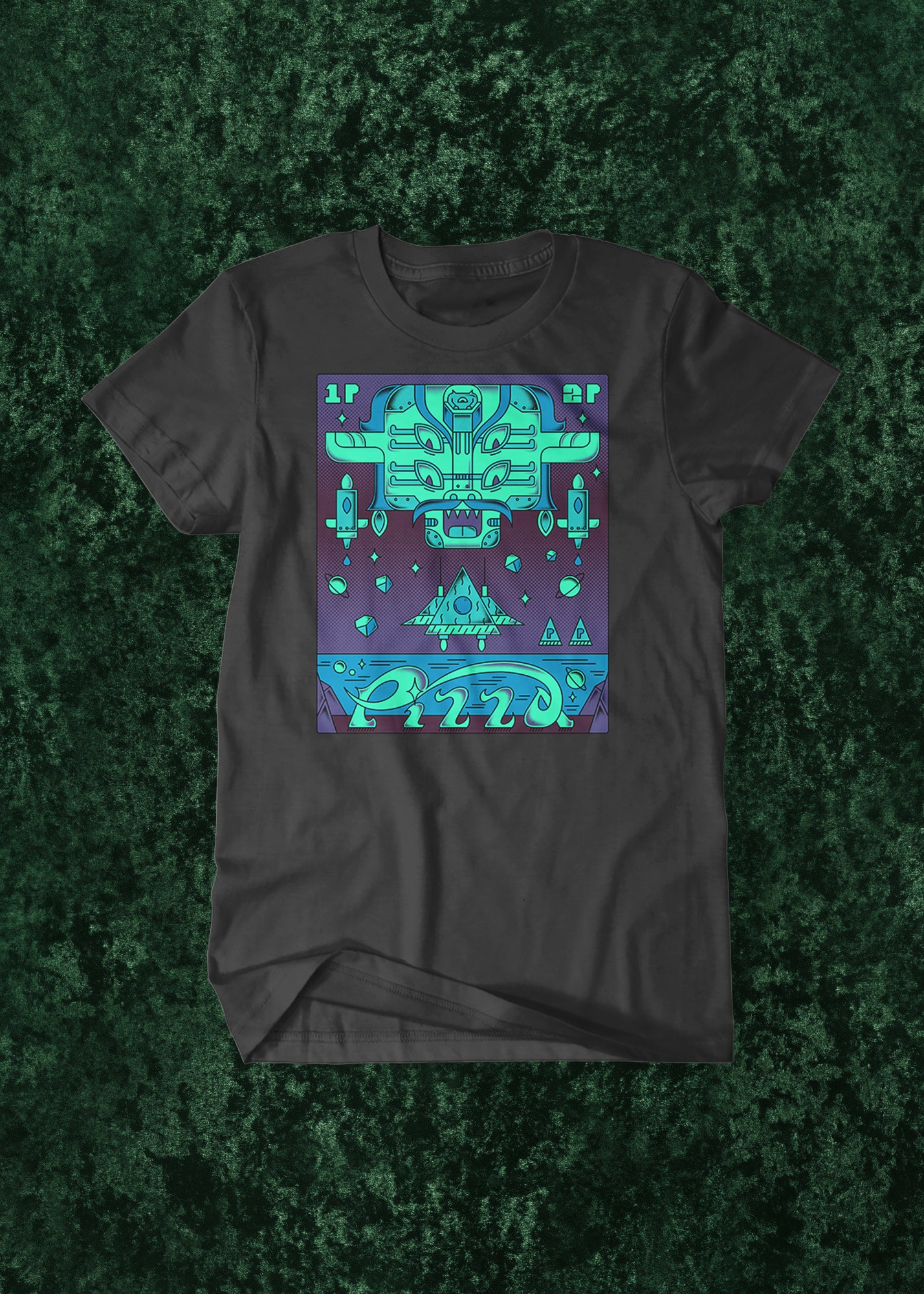 Dark gray t-shirt with a graphic design resembling a space-themed video game on a green textured background
