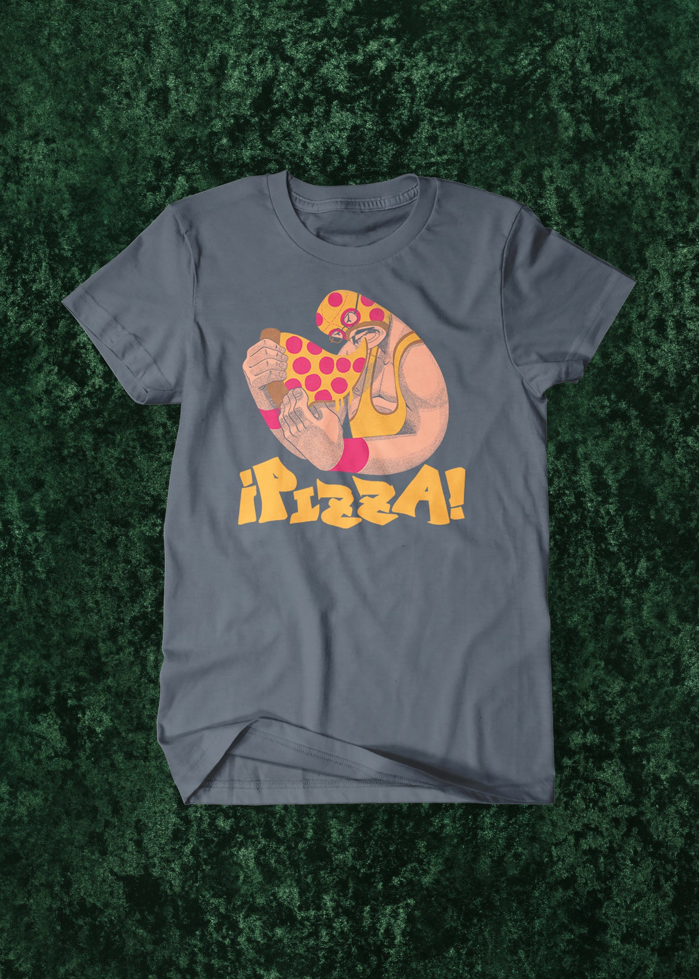 Gray t-shirt with a colorful graphic of a luchador eating pizza and the word 'Pizza!' on a green marble background