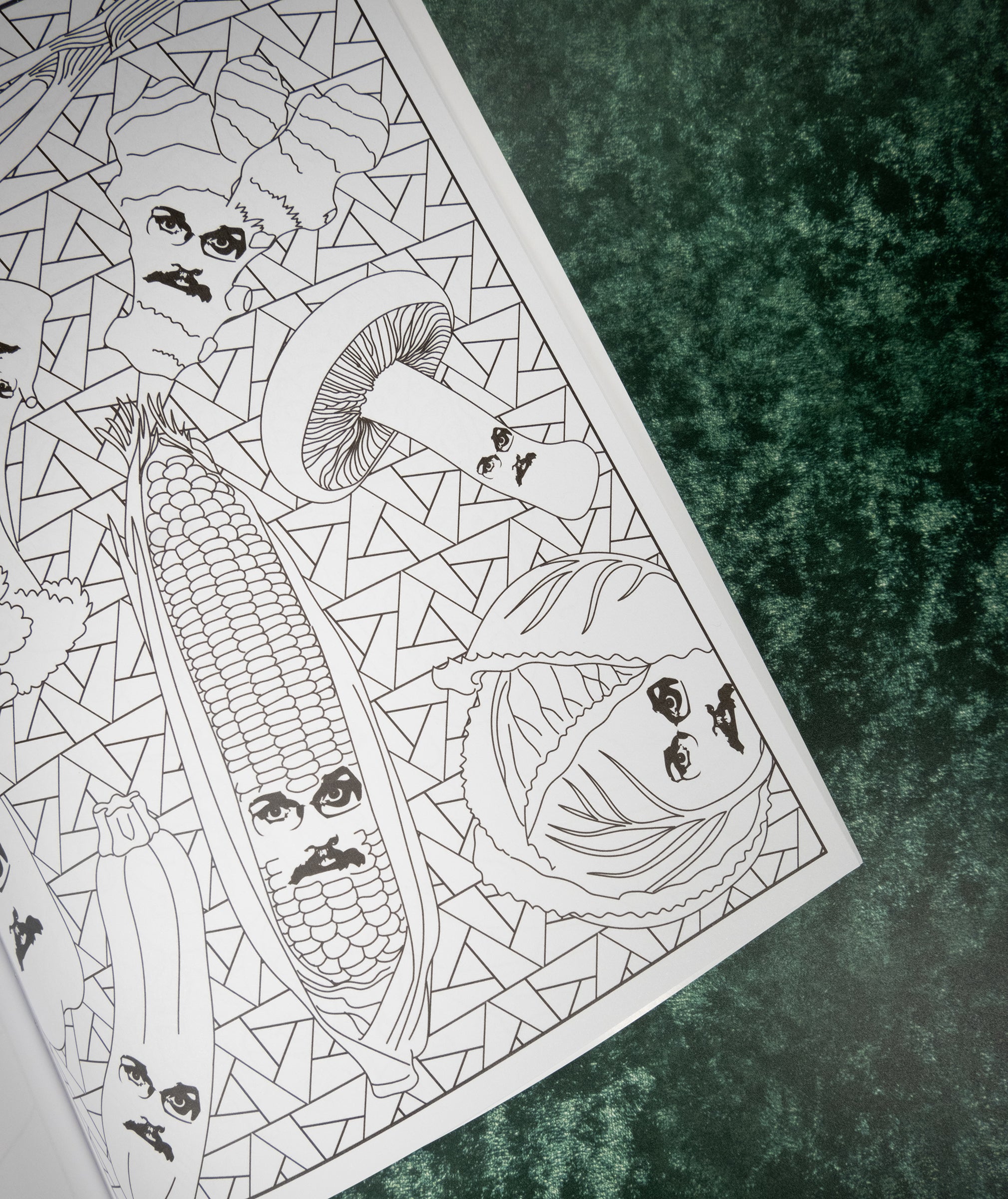 Black and white coloring page with Pizza John as vegetables on a textured green surface