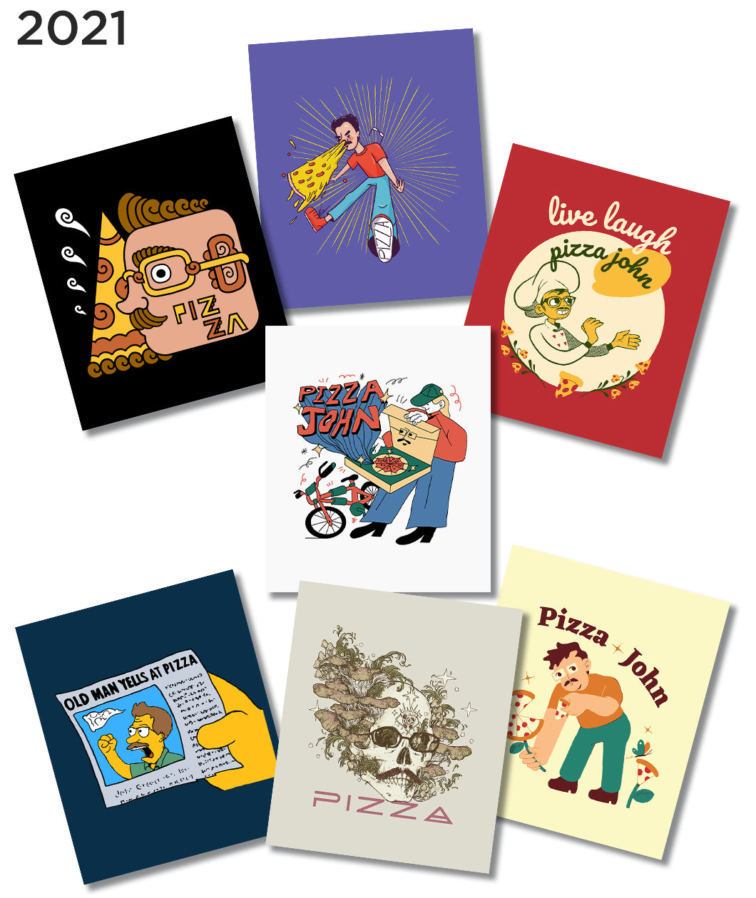 2021 Pizzamas Sticker pack featuring the 7 shirt designs from 2021.
