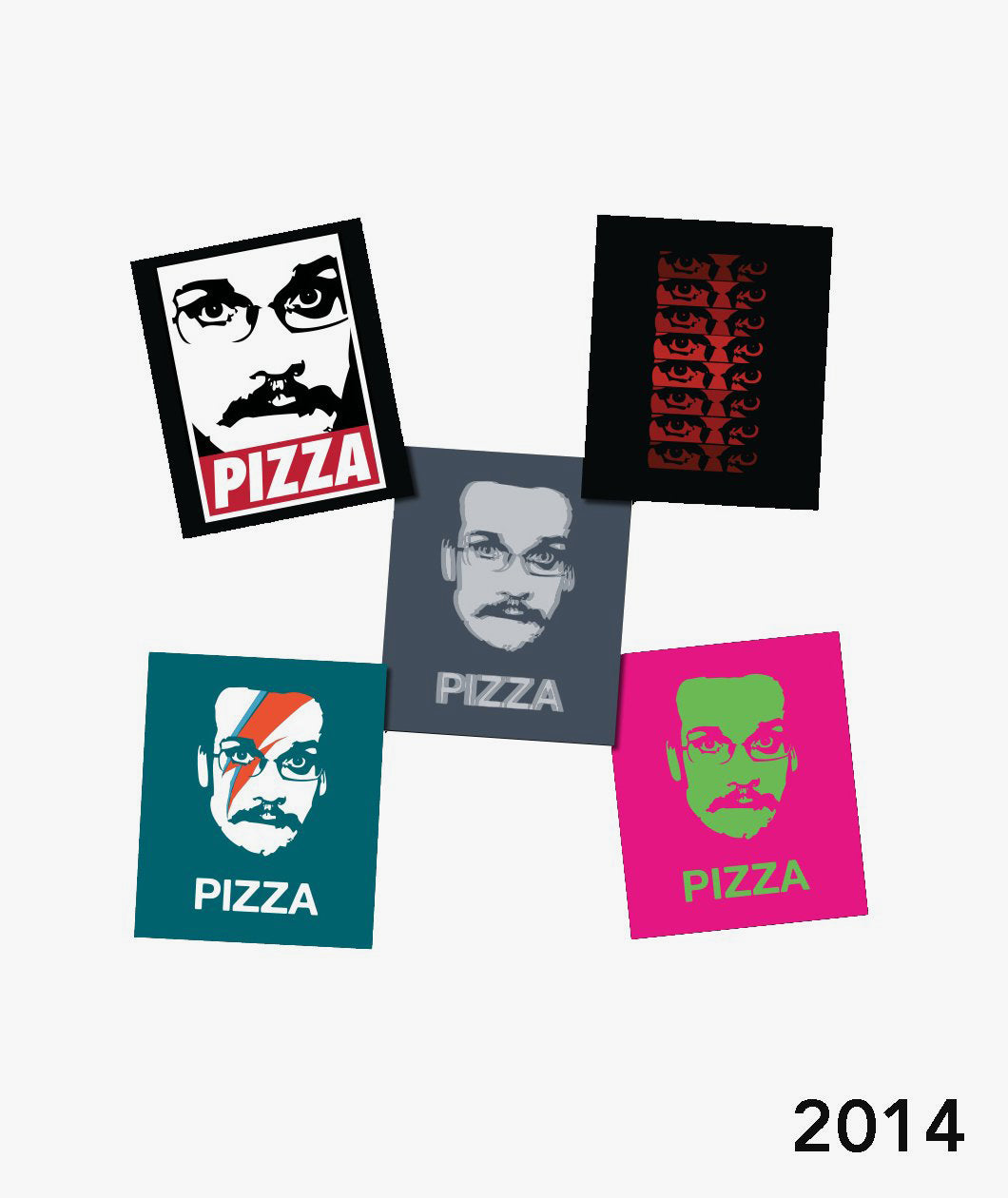 2014 Pizzamas Sticker pack featuring the 5 shirt designs from 2015.