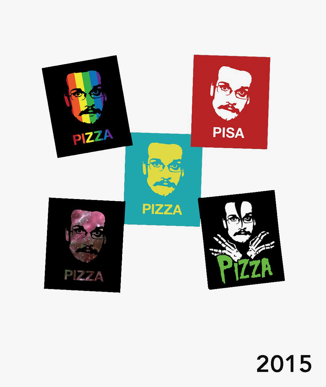 2015 Pizzamas Sticker pack featuring the 5 shirt designs from 2015.