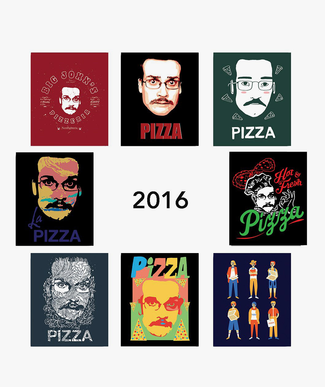 2016 Pizzamas Sticker pack featuring the 8 shirt designs from 2016.