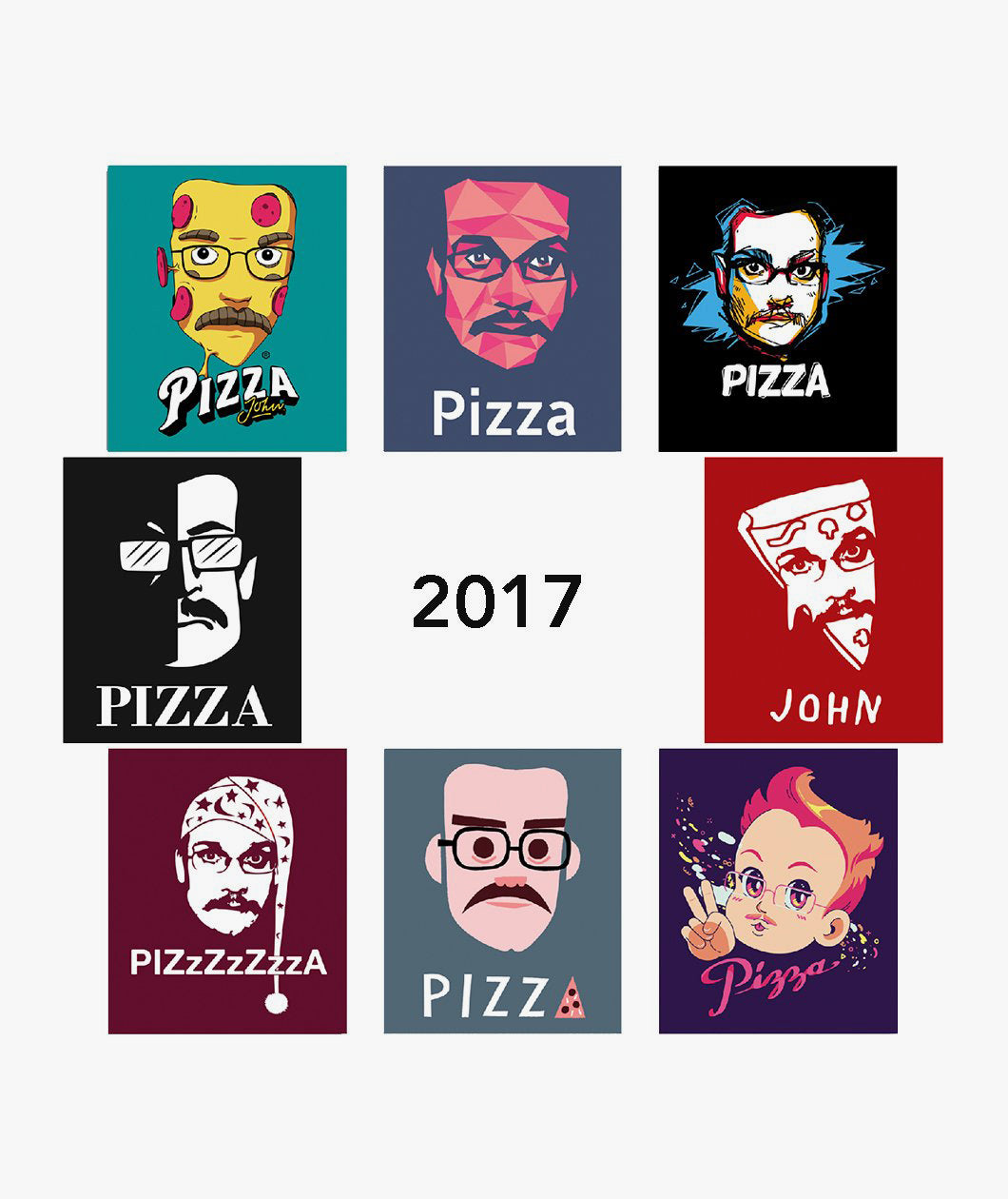 2017 Pizzamas Sticker pack featuring the 8 shirt designs from 2017.