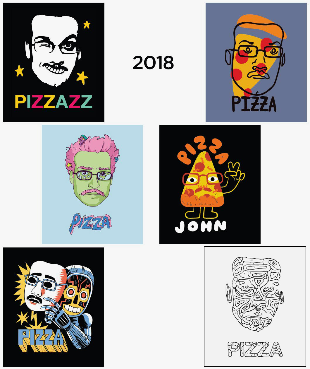 2018 Pizzamas Sticker pack featuring the 6 shirt designs from 2018.