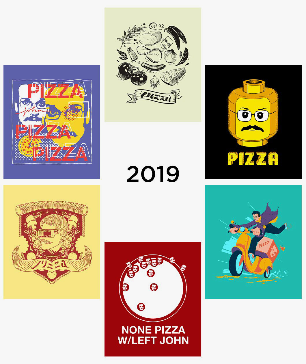 2019 Pizzamas Sticker pack featuring the 6 shirt designs from 2019.
