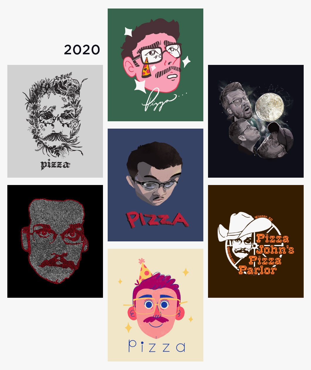 2020 Pizzamas Sticker pack featuring the 7 shirt designs from 2020.