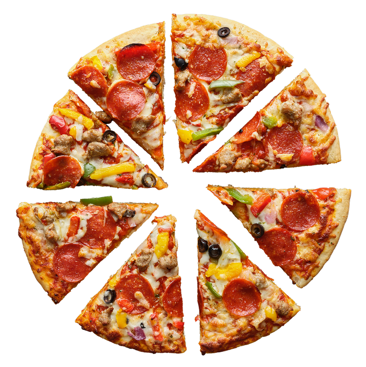 Pizza sliced into eight triangular pieces 