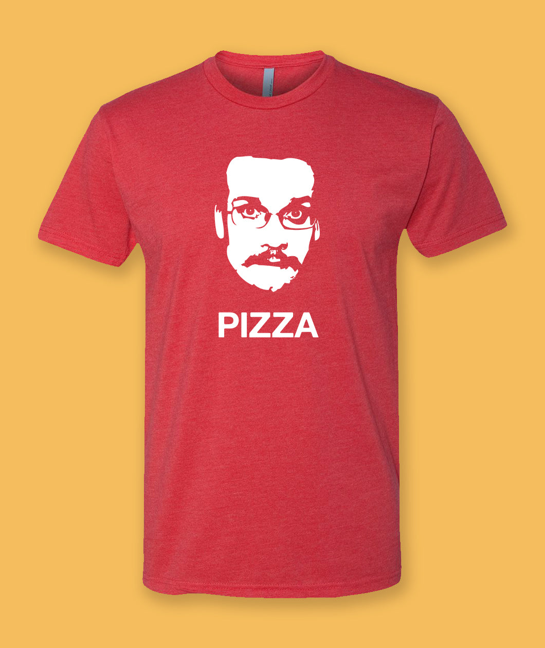 Red t-shirt with a graphic of John Green's mustachioed face and the word 'PIZZA' on a textured green background