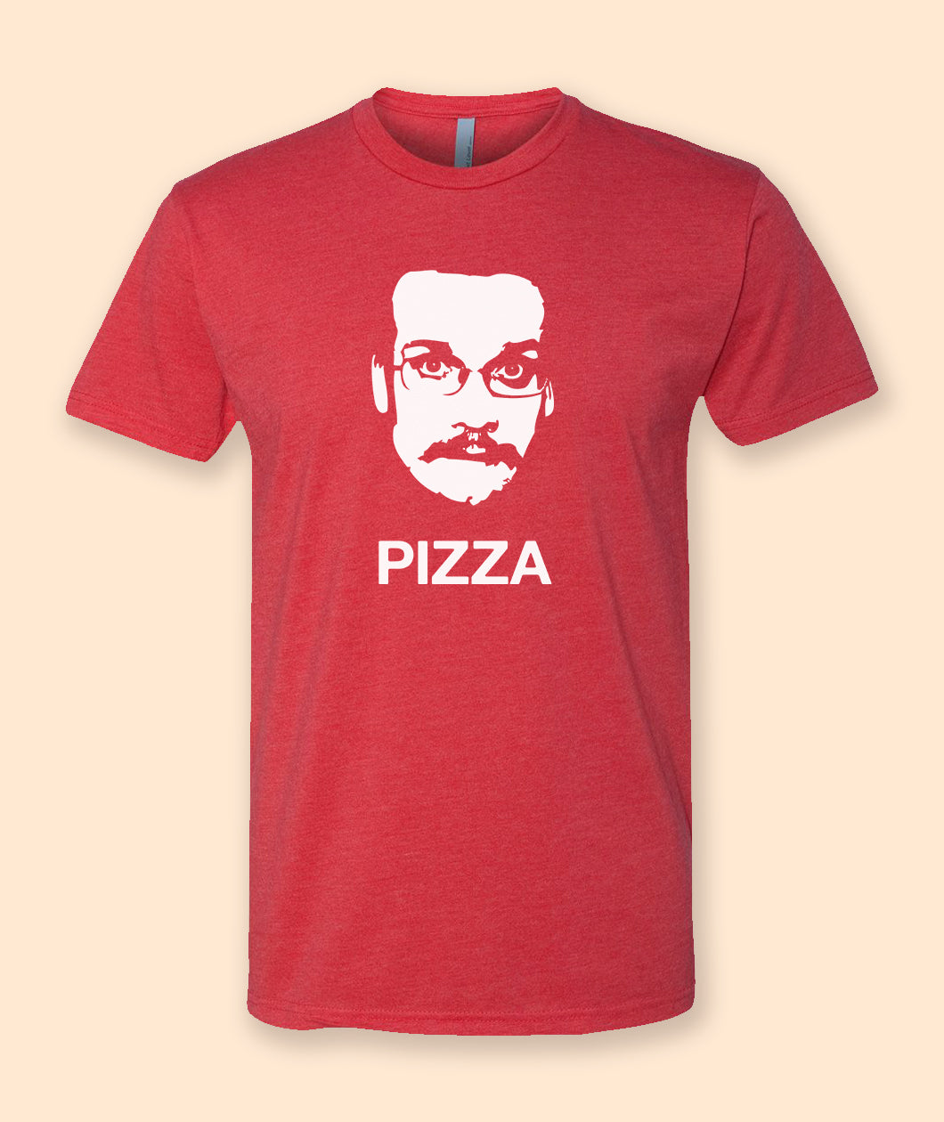 Red t-shirt with a graphic of John Green's mustachioed face and the word 'PIZZA' on a textured green background