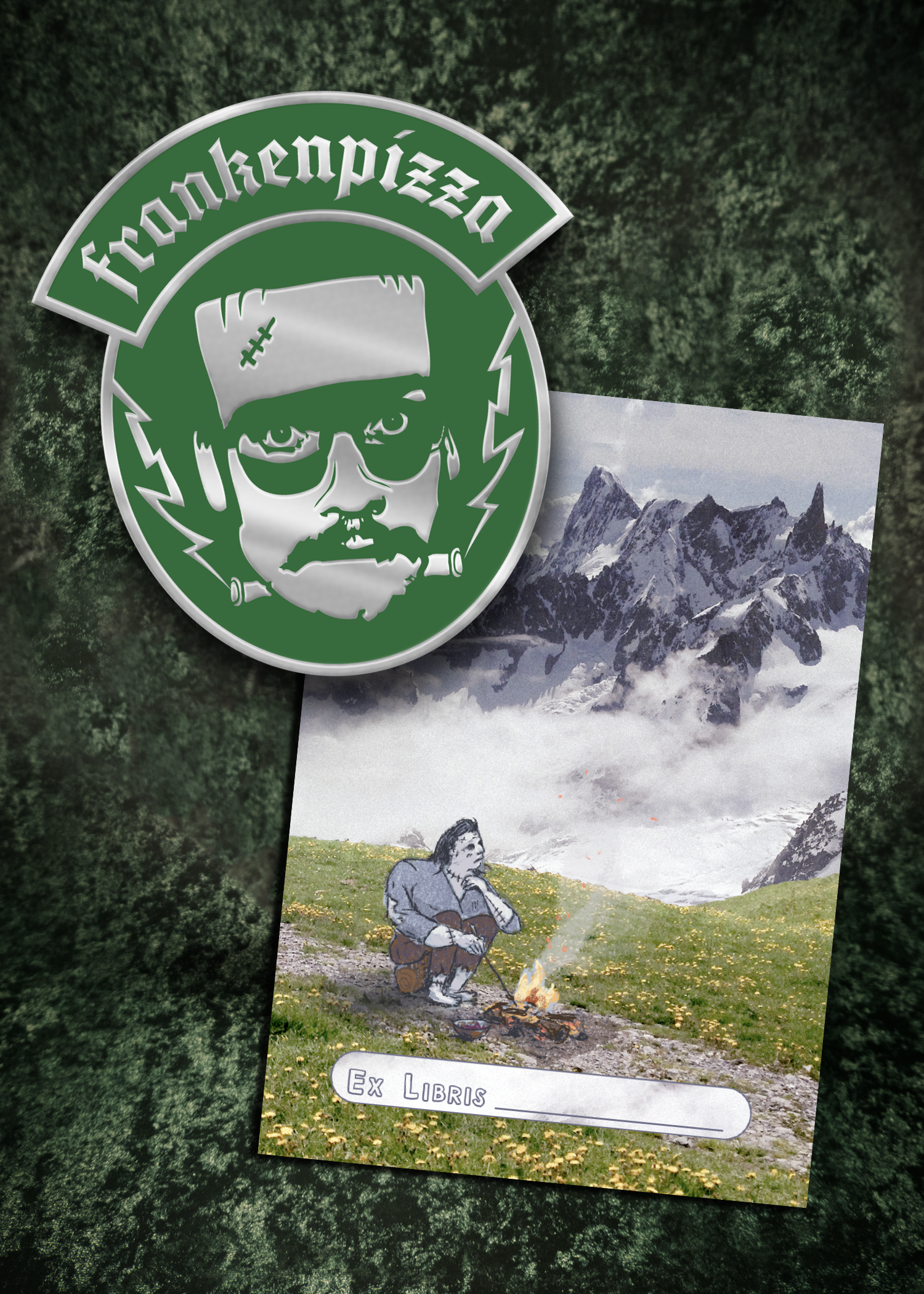 Green and white Frankenpizza pin with a mountainous landscape bookplate on a textured green background