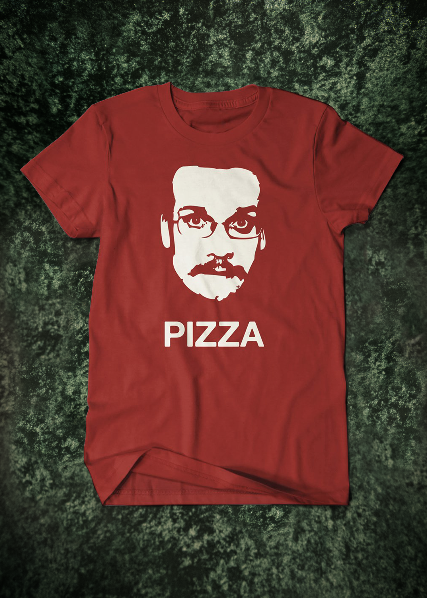 Red t-shirt with a graphic of John Green's mustachioed face and the word 'PIZZA' on a textured green background