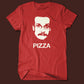 The original Pizza John shirt is a bright red shirt with the classic Pizza John head with the word "Pizza" below it in white. 