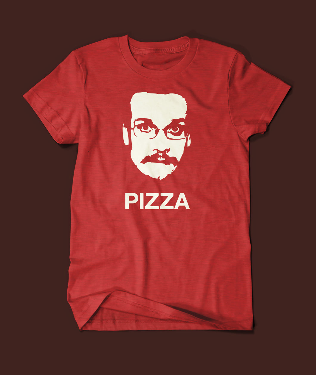 The original Pizza John shirt is a bright red shirt with the classic Pizza John head with the word "Pizza" below it in white. 