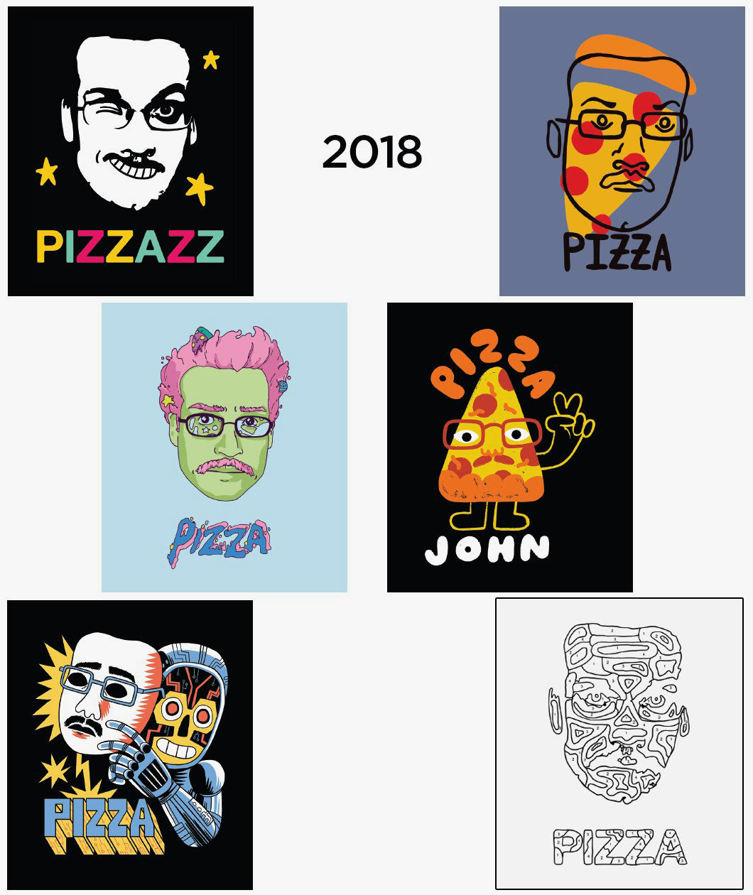 2018 Pizzamas Sticker pack featuring the 6 shirt designs from 2018. 