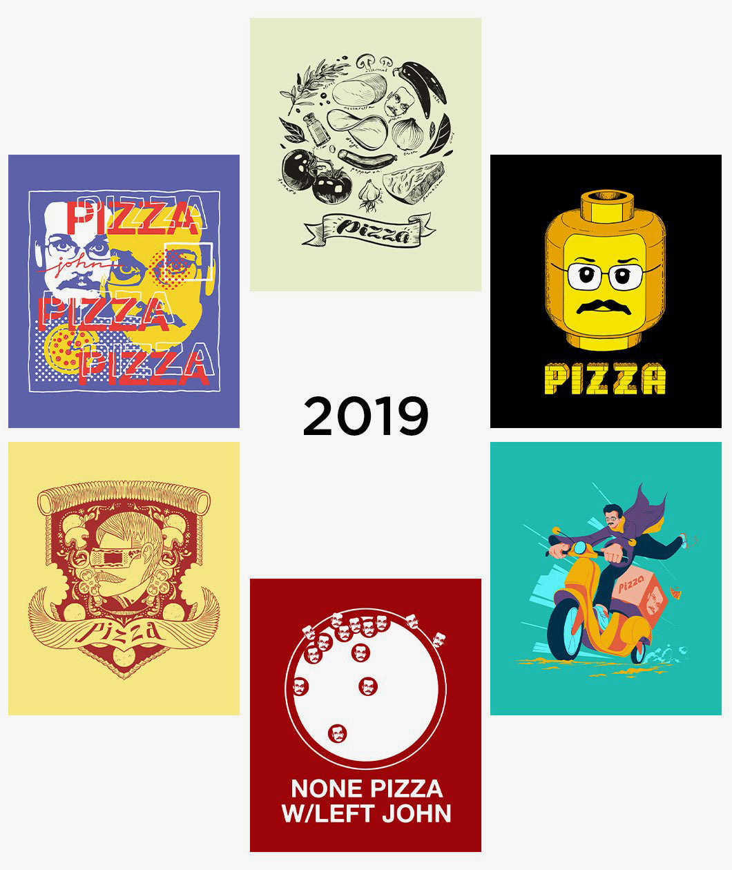 2019 Pizzamas Sticker pack featuring the 6 shirt designs from 2019. 
